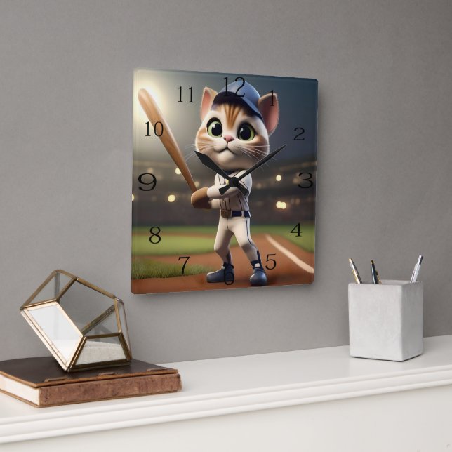 Relógio Quadrado Gato de Beisebol Engraçado, (Escritório)