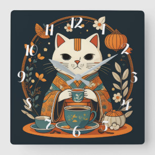 Relógio Quadrado Gato de Chá Time Japonês Square Wall Clock