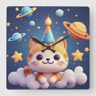 Relógio Quadrado Gato de desenho animado fofo na nuvem com chapéu d