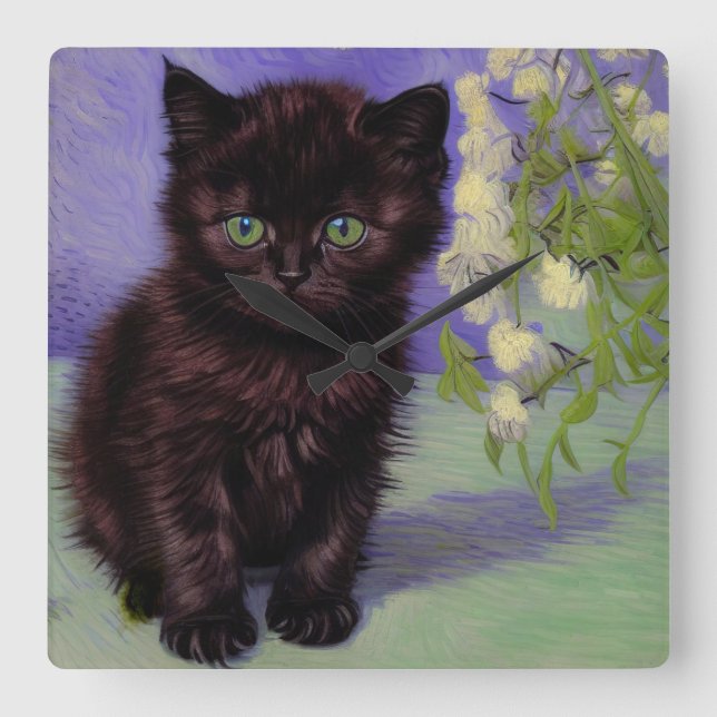 Relógio Quadrado Gato de estilo Van Gogh com Flores Brancas (Frente)