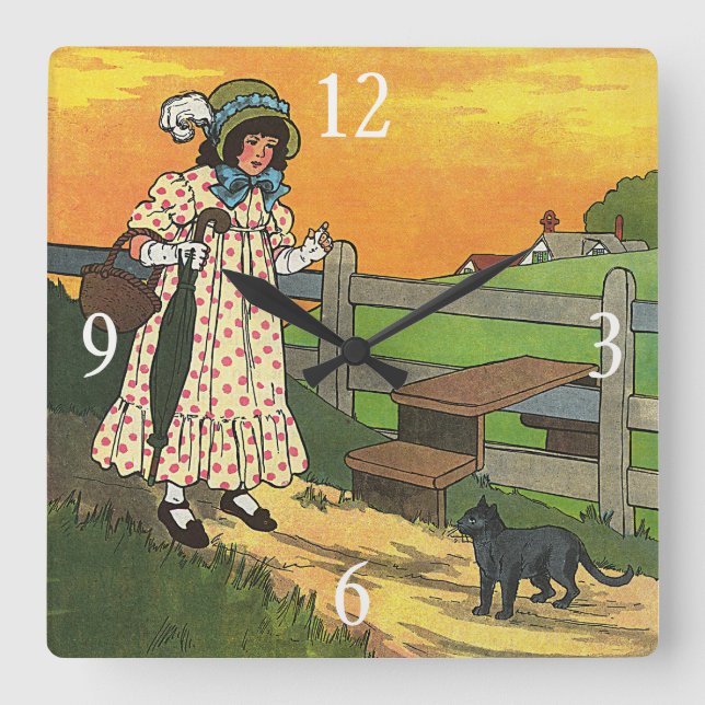 Relógio Quadrado Gato de merda onde você esteve? Madre Goose Rhyme (Frente)