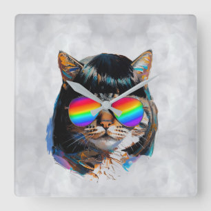 Relógio Quadrado Gato de Peruca + Óculos de Sol (Pintura #5)