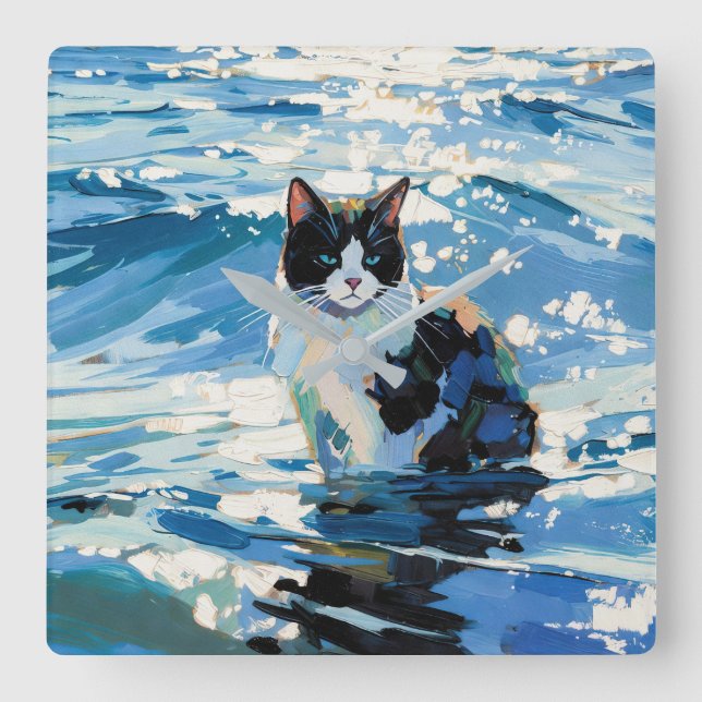 Relógio Quadrado Gato E O Oceano (#1) (Frente)