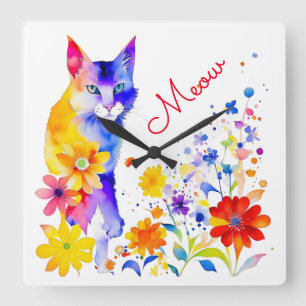 Relógio Quadrado Gato em Aquarela e Flores Meow