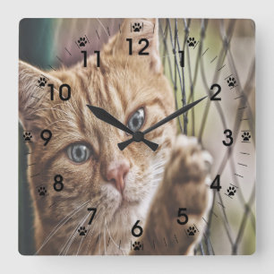 Relógio Quadrado Gato em uma cerca