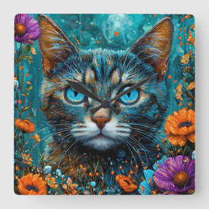 Relógio Quadrado Gato Floral Fofo