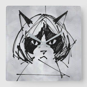 Relógio Quadrado Gato Fofo de Cabelo (Estilo 3 +BG) Arte Refinada