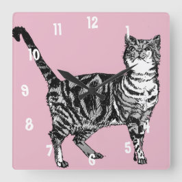 Relógio Quadrado Gato Listrado Gatos Arte Animal Decoração Rosa Pas