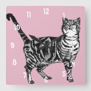 Relógio Quadrado Gato Listrado Gatos Arte Animal Decoração Rosa Pas