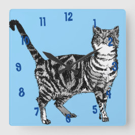 Relógio Quadrado Gato Listrado Gatos Arte Animal Infantil Azul Clar