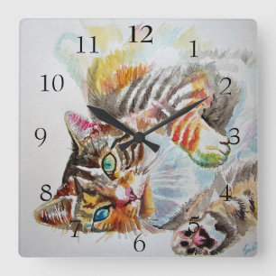 Relógio Quadrado Gato Listrado Gatos Fofos Pintura Aquarela Decoraç
