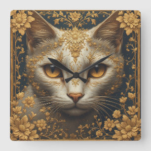 Relógio Quadrado Gato Majestoso com Detalhes Dourados Florais Ornam