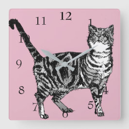 Relógio Quadrado Gato Malhado Gatos Arte Animal Decoração Rosa Past