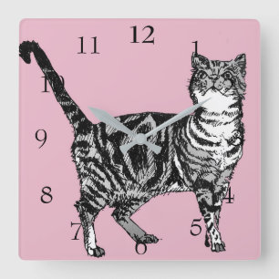 Relógio Quadrado Gato Malhado Gatos Arte Animal Decoração Rosa Past