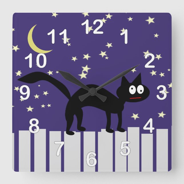 Relógio Quadrado Gato Negro Halloween na Cerca (Frente)