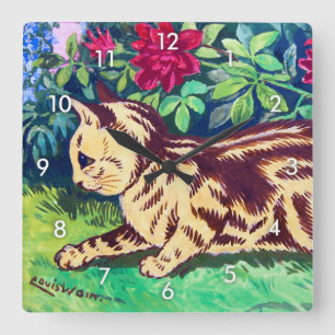 Relógio Quadrado Gato no Jardim das Flores, Louis Wain