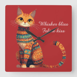 Relógio Quadrado Gato Ornamental Decorativo com Flores Arte Boho