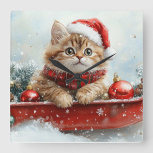 Relógio Quadrado Gato Persa no Trenó Deixe Nevar Natal