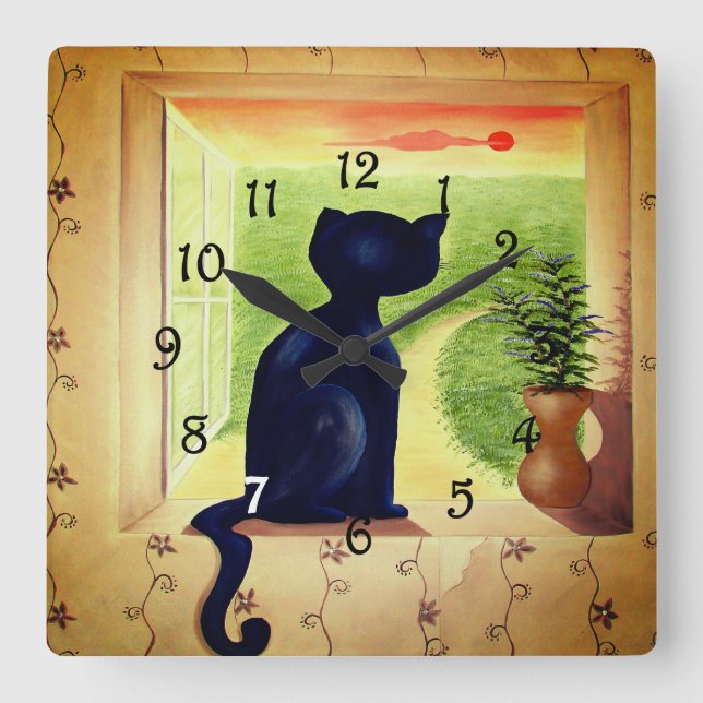 Relógio Quadrado Gato Preto (Frente)