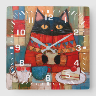 Relógio Quadrado Gato Preto Aconchegante Bebendo Café No Café