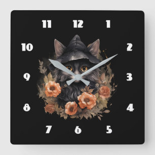 Relógio Quadrado Gato preto bonito no chapéu de uma bruxa
