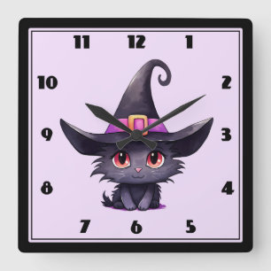 Relógio Quadrado Gato preto bonito Vestindo chapéu de bruxa