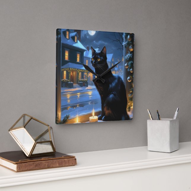 Relógio Quadrado Gato Preto Com Luzes de Natal Feriado (Escritório)