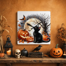 Gato Preto de Halloween e Abóboras Âmbar Rústico