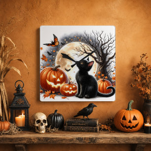 Relógio Quadrado Gato Preto de Halloween e Abóboras Âmbar Rústico
