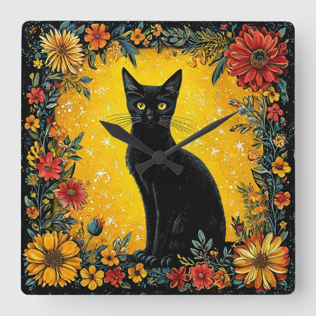 Relógio Quadrado Gato preto fofo (Frente)