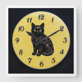 Relógio Quadrado Gato Preto Limão + Mostrador Preto