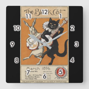 Relógio Quadrado Gato preto que joga o banjo, artista desconhecido
