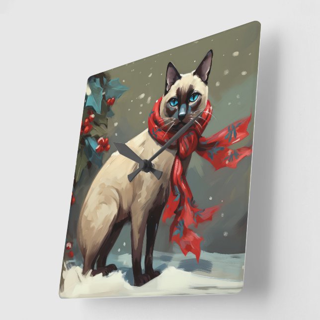 Relógio Quadrado Gato Siames no Natal com Neve (Ângulo)