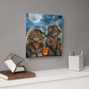 Relógio Quadrado Gato Siberiano Halloween Assustador