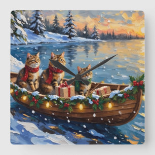 Relógio Quadrado Gato Siberiano Natal Barco Festa