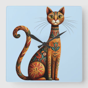 Relógio Quadrado Gato Tribal Boho Fofo Arte Folclórica com Flores