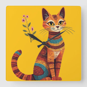 Relógio Quadrado Gato Tribal Boho Fofo Arte Folclórica com Flores