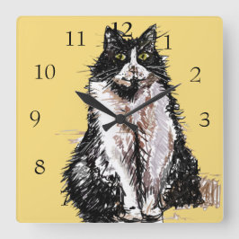 Relógio Quadrado Gato Tuxedo Gatos Arte Animal Quarto de Criança