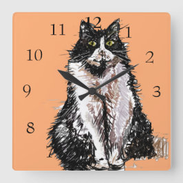 Relógio Quadrado Gato Tuxedo Gatos Arte Animal Quarto Infantil Sala