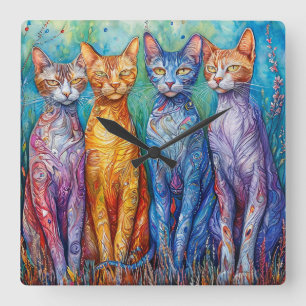 Relógio Quadrado Gatos coloridos fofos pintura
