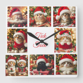 Relógio Quadrado Gatos Com Chapéus De Natal Vermelho /Cute /Wall Cl