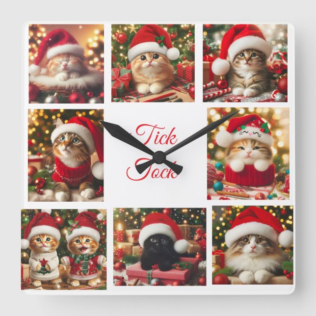 Relógio Quadrado Gatos Com Chapéus De Natal Vermelho /Cute /Wall Cl (Frente)