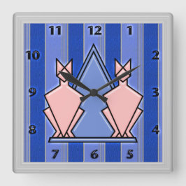 Relógio Quadrado Gatos de Deco de Arte Rosa em Fundo Azul Strike