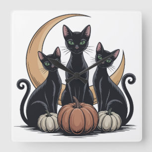 Relógio Quadrado Gatos Pretos Whimsigothóticos Abóbora Lua Muro de