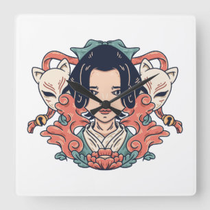 Relógio Quadrado Geisha E Kitsune