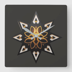 Relógio Quadrado 🌟 Geometria Sagrada Mandala - Ouro Star