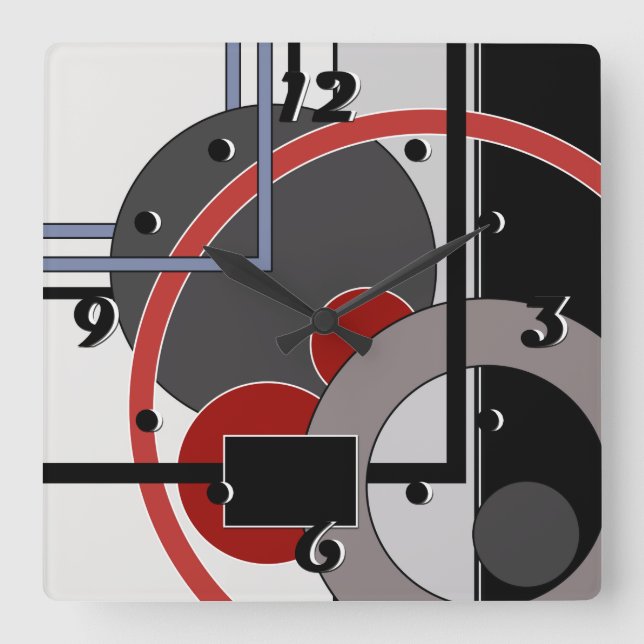 Relógio Quadrado Geométrica das pinturas de abstrato preto e vermel (Frente)