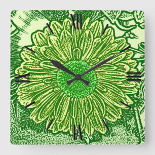 Relógio Quadrado Gerbera Daisy Block Impressão - verde limão