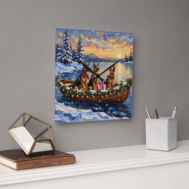 Relógio Quadrado German Shepherd Christmas Boat Holiday (Escritório)