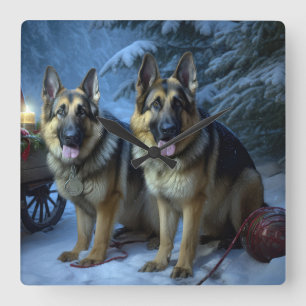 Relógio Quadrado German shepherd Snowy Sleigh Decoração de Natal